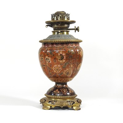 Lot 110 - A brass and majolica style oil lamp base