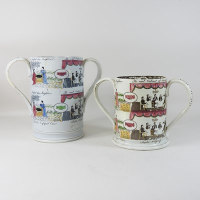 Lot 139 - An unusually large Staffordshire pottery twin handled mug
