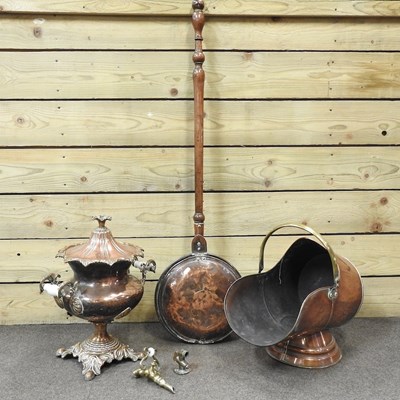 Lot 497 - A copper samovar, coal scuttle and warming pan