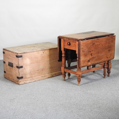 Lot 689 - An antique metal bound pine trunk, with a...
