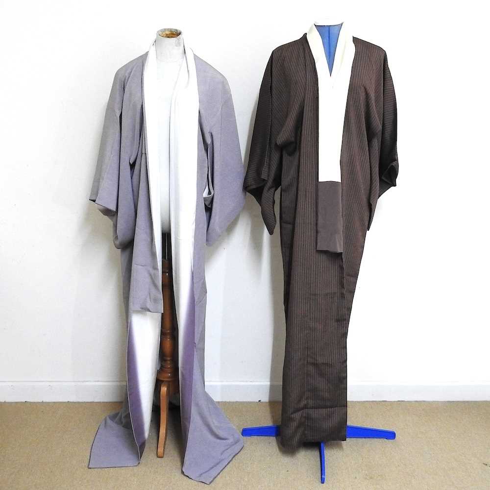 Lot 56 - A brown striped kimono, together with another (2)