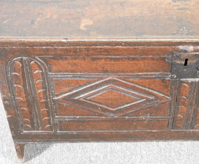 Lot 164 - A small 18th century oak six plank coffer,...