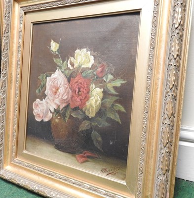 Lot 54 - N Partington, still life of roses, signed and...