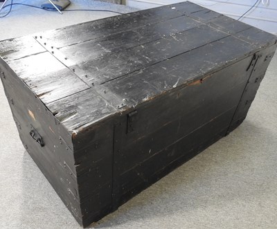 Lot 38 - A painted iron bound wooden military chest,...