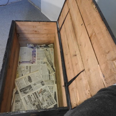 Lot 38 - A painted iron bound wooden military chest,...