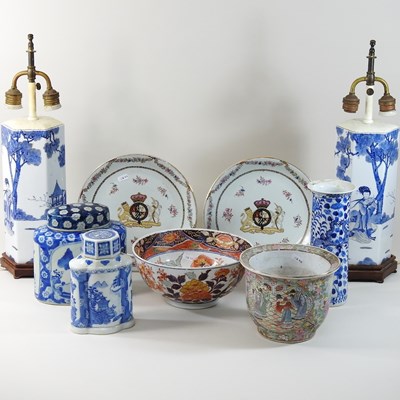 Lot 212 - A pair of Japanese blue and white porcelain table lamps