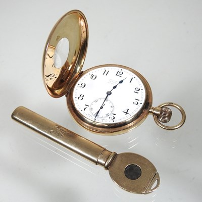 Lot 41 - A 9 carat gold cased half hunter pocket watch,...