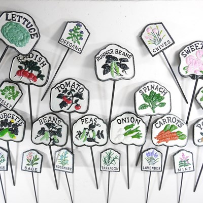 Lot 348 - A set of six painted metal salad markers, six...