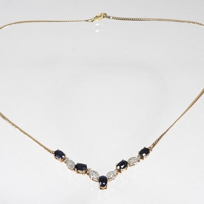 Lot 344 - A 14 carat gold sapphire and diamond necklace,...