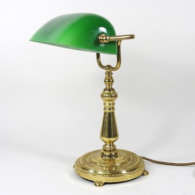 Lot 353 - A brass desk lamp, with a green glass shade,...