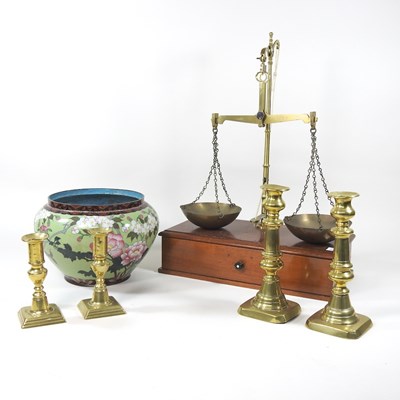 Lot 557 - A set of 19th century brass scales and weights,...