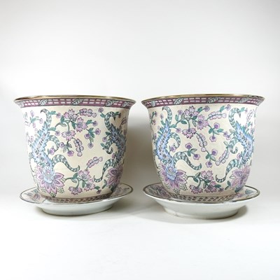 Lot 213 - A pair of Chinese porcelain pots, on stands,...