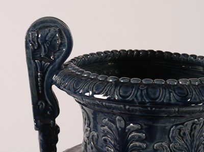 Lot 19 - A large blue glazed majolica urn, 19th century,...