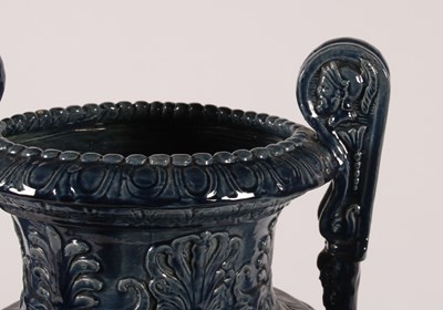 Lot 19 - A large blue glazed majolica urn, 19th century,...