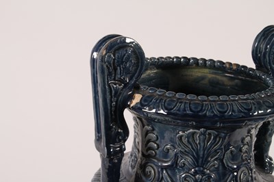 Lot 19 - A large blue glazed majolica urn, 19th century,...