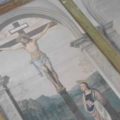 Lot 419 - A large triptych Christ on the cross, 86 x...