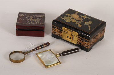 Lot 326 - Two Chinese lacquer boxes and two magnifying...