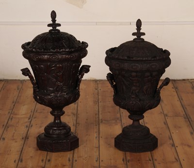 Lot 314 - A near pair of impressive hardwood urns,...
