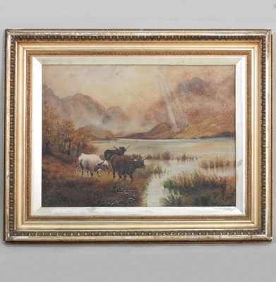 Lot 147 - In the manner of H R Hall, cattle watering,...