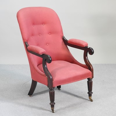 Lot 396 - A Victorian red upholstered armchair, on...