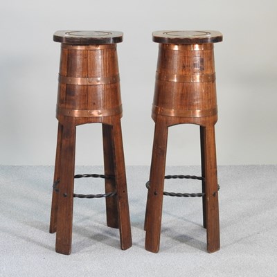 Lot 338 - A pair of French coopered oak bar stools, each...