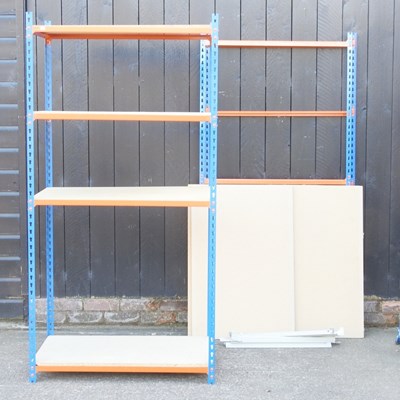 Lot 259 - A blue shelving unit with orange supports,...