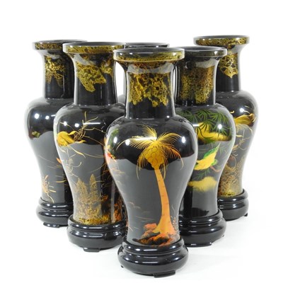 Lot 407 - A garniture of six lacquered vases, each 40cm...