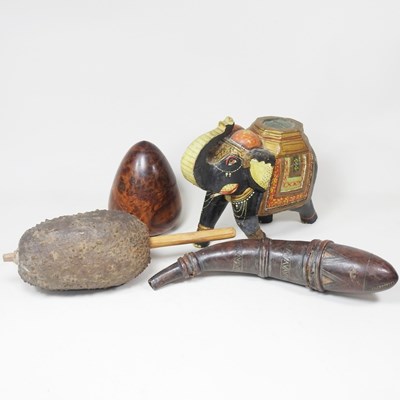 Lot 35 - A leather powder flask, 32cm long, together...
