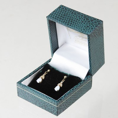 Lot 162 - A pair of 9 carat gold opal pendant earrings,...