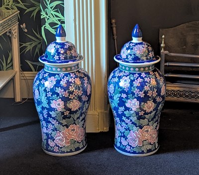 Lot 47 - A pair of Chinese porcelain temple jars, each...