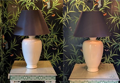 Lot 53 - A pair of cream glazed pottery table lamps,...