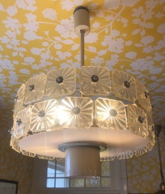 Lot 70 - A pair of 1970s glass pendant ceiling lights,...