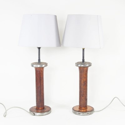 Lot 110 - A pair of modern wooden table lamps and shades,...