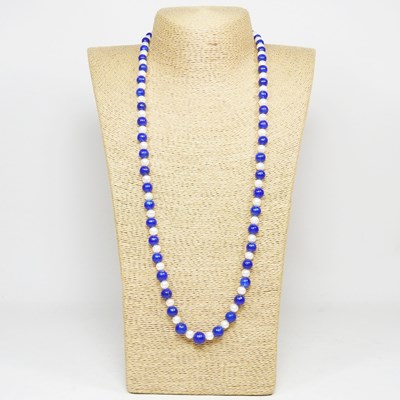 Lot 125 - A lapis and pearl necklace, 77cm long overall,...