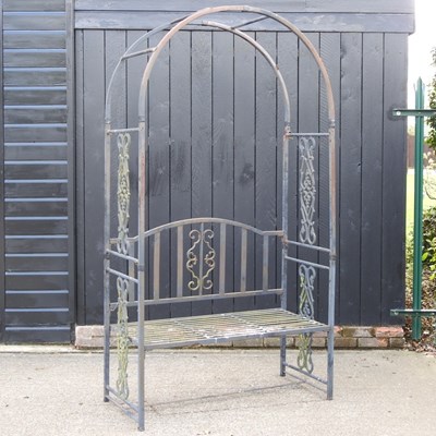 Lot 91 - A black painted metal garden arbour seat