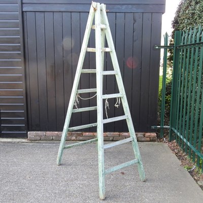 Lot 407 - A rustic painted wooden step ladder, 226cm high