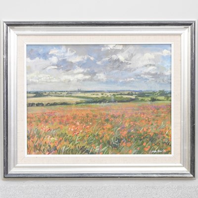 Lot 187 - John Glover, b1945, landscape with poppy field,...