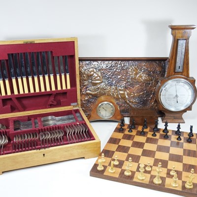 Lot 668 - A wooden chessboard and set, together with a...