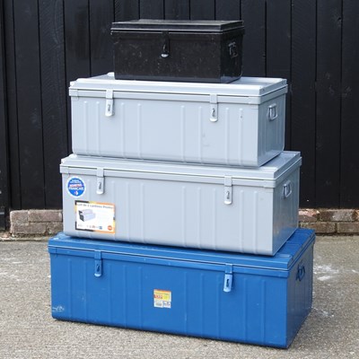 Lot 374 - A blue painted tin trunk, 74cm wide, together...