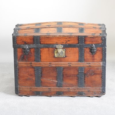 Lot 451 - A 19th century iron bound pine trunk, with a...