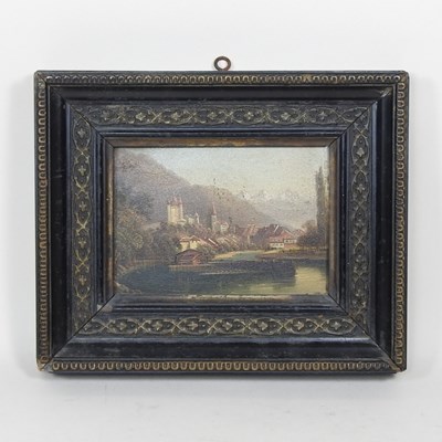 Lot 596 - Swiss school, 19th century, lake scene, oil on...
