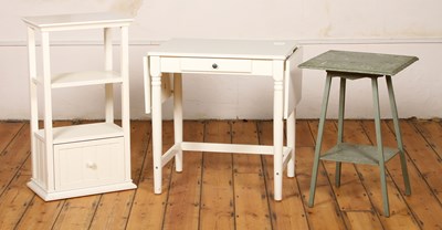 Lot 678 - A white painted drop leaf table/desk, w.74cm...