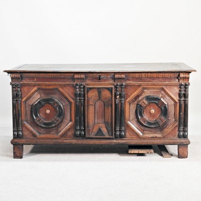 Lot 470 - An 18th century oak coffer, with a hinged lid...