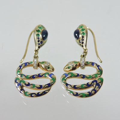 Lot 45 - A pair of 14 carat gold diamond and enamelled snake earrings