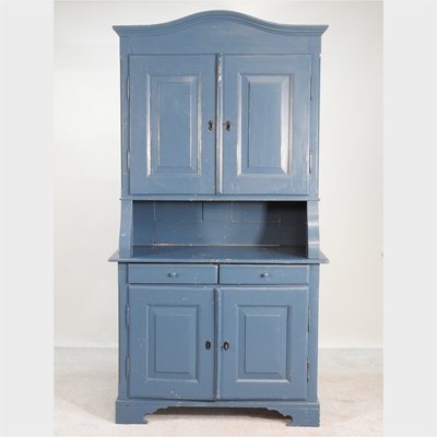 Lot 610 - A blue painted pine cabinet, with an arched...