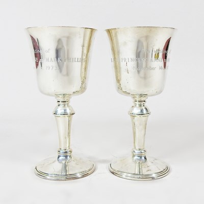 Lot 277 - A pair of modern silver goblets, engraved to...