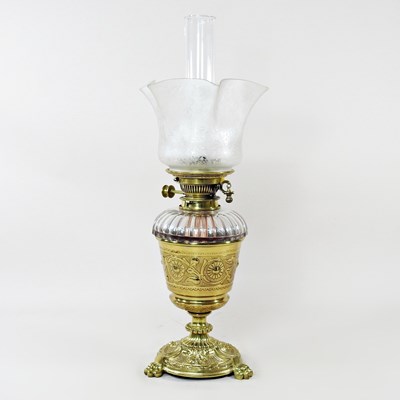 Lot 743 - A 19th century Hinks brass oil lamp and shade,...