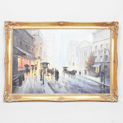 Lot 486 - T Homane, 20th century, American street scene,...