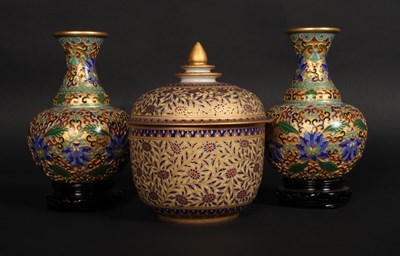 Lot 145 - A pair of Thai gilt brass cloisonne vases,...