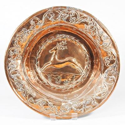 Lot 179 - A large Arts and Crafts copper charger, relief...
